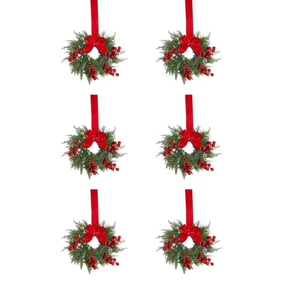 6 Pack Mini Christmas Cabinet Wreaths,10.6 Inch Artificial Cypress Small Wreath with Red Velvet Bow & Red Berries,Xmas Hanging Wreath for Kitchen Cabinet Window Door Holiday Decor