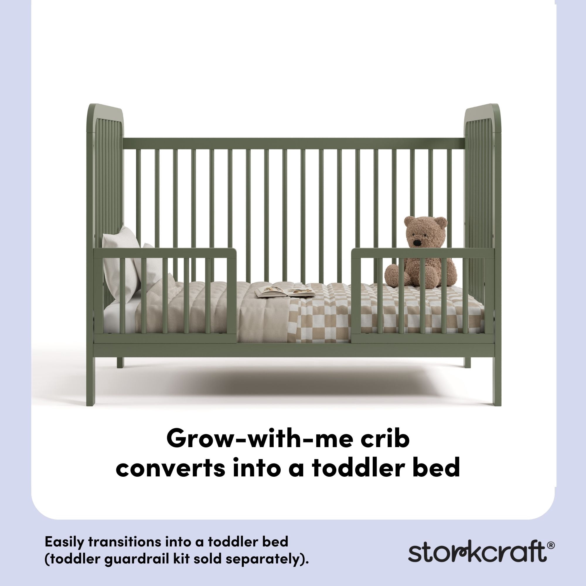 Storkcraft Pasadena 3-in-1 Convertible Crib – GREENGUARD Gold Certified, 100% Solid Wood, Fits Standard Crib Mattress, Converts to Toddler Bed and Daybed, 4 Mattress Heights   Olive