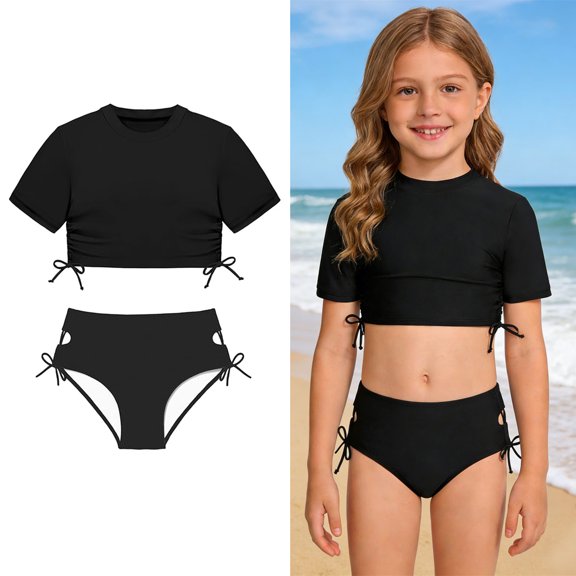 Tween Girls Swimsuits Short Sleeve Crop Top Two Piece Bikini Set with Chest Pad Swim Suit for Girls 13-14 Years