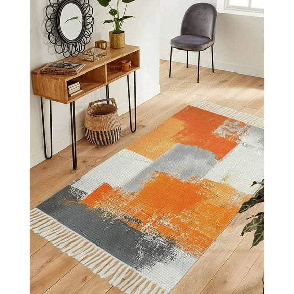 Burnt Orange Grey Area Rug 3x5ft Woven Runner Rug,Modern Oil Painted Abstract Art Washable Living Room Hallway Bedroom Kitchen Carpet with Tassels,Indoor Outdoor Throw Door Mat for Entryway