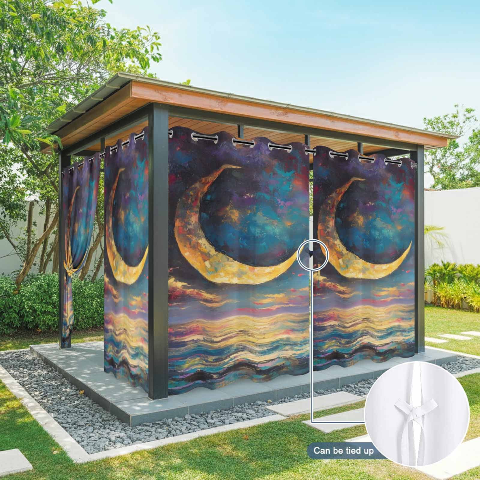Crescent Moon Outdoor Curtains for Patio, Dreamy Gold Dark Purple Night Ocean Sunshade Privacy Drapes Grommet Waterproof Outside Curtains for Porch/Cabana/Balcony 54"x 108", 1 Panel