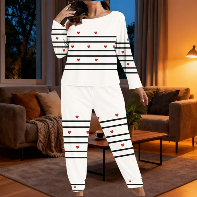 TaTaai Women's Valentine's Day Plus Size Printed Loungewear Set, Long Sleeve Top and Pants, Casual Sleepwear Two Piece Gift