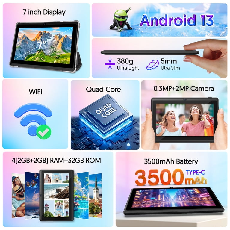 FITIFUN 7 inch Android Tablet with Case, 4GB RAM+32GB ROM, Quad