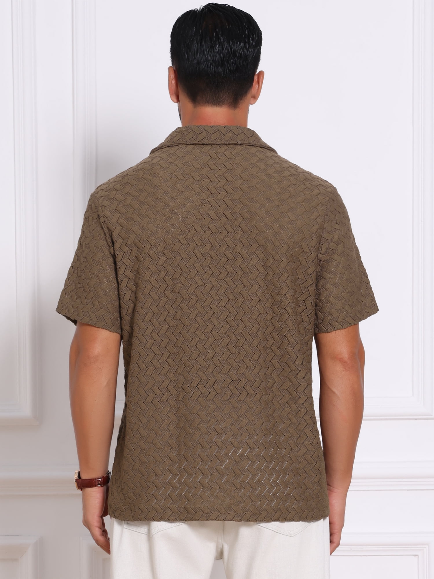 DARING DIVA Men's Hollow Jacquard Camp Collar Short Sleeve Beach Texture Shirts 2XL Brown