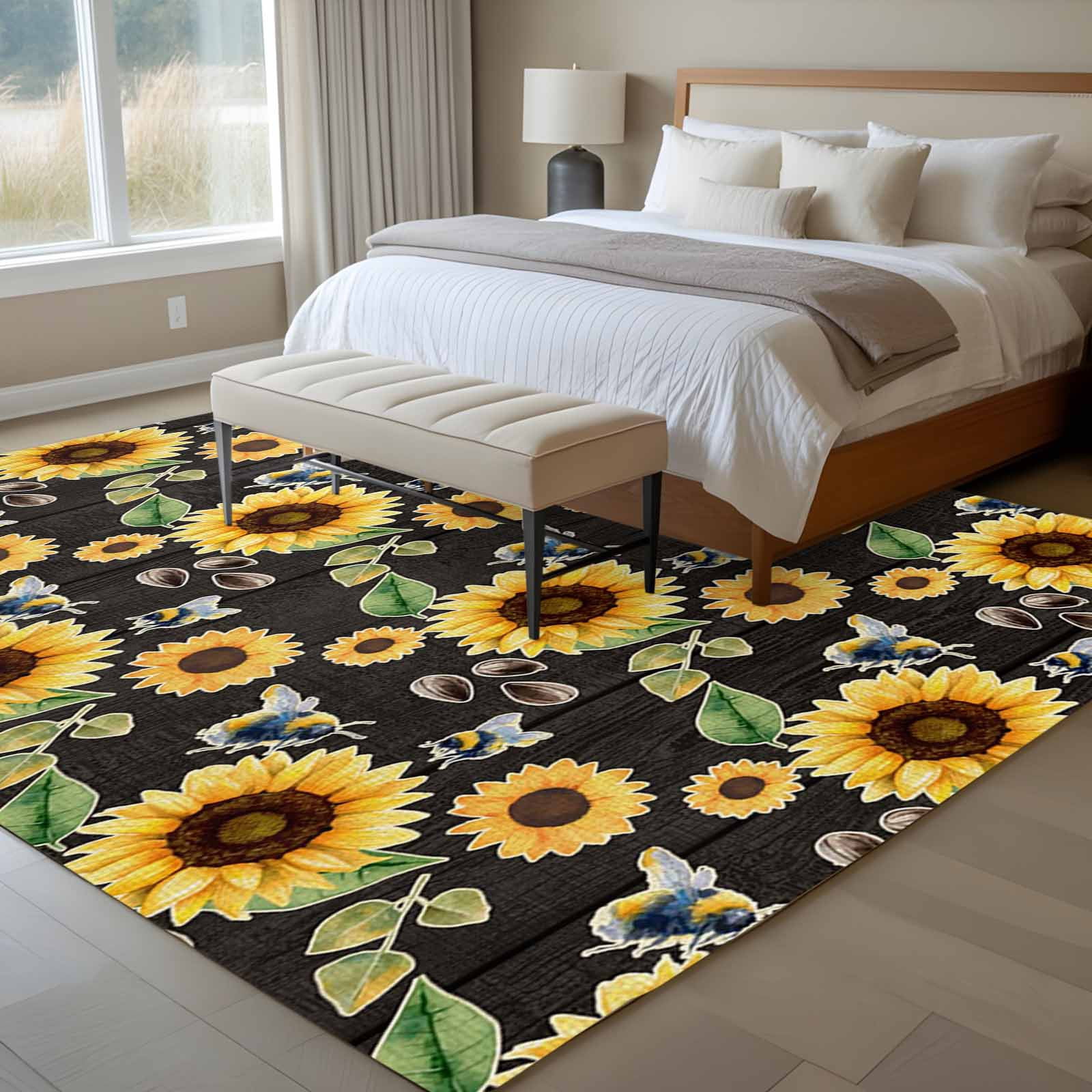 Large Area Rugs for Living Room Bedroom, Yellow Sunflowers 5'x8' Rug Washable Carpet Runner Indoor Outdoor, Summer Botanical Elegant Pastoral Bees Non Slip Floor Mats Rug for Kitchen, Bathroom