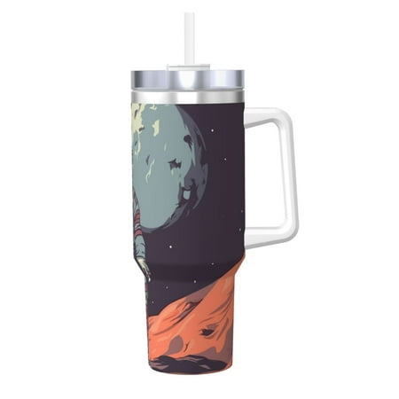 

Daiia Astronaut With American Flag Printed 40 oz Tumbler with Handle Ice Bully Insulated Tumbler 2 in 1 Lid Insulated Water Bottle Stainless Steel Travel Coffee Mug