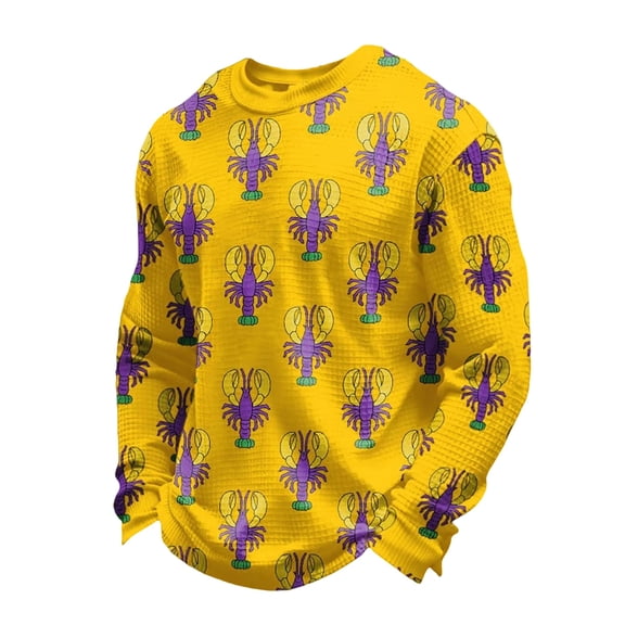 IWRICH Men's Mardi Gras Waffle T Shirts Long Sleeved Crew Neck T-Shirt Graphic Printed Rave Sweatshirt Yellow XL