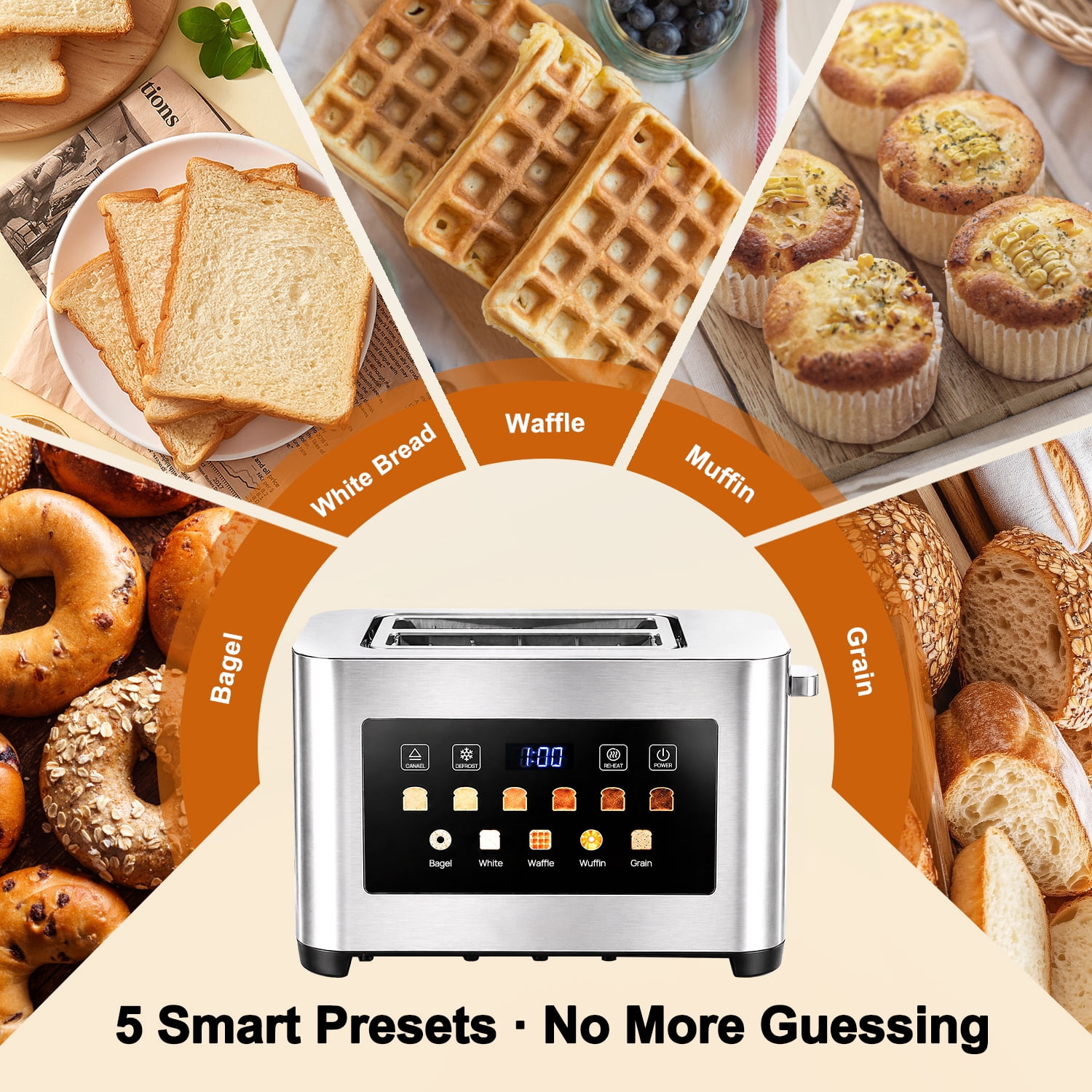 2 Slice Toaster with Dust Cover, Smart Touchscreen Toaster with Countdown Timer, Extra-Wide 1.57" Slots for Bagels & Thick Bread, 6 Browning Levels, Defrost & Reheat, Stainless Steel