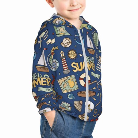 

Uemuo Marine Nautical Pattern Rash Guard for Boys Girls Long Sleeve Swim Shirts UPF 50+ UV Sun Protection Hooded Fishing Shirt with Pocket for Kid-2 Years