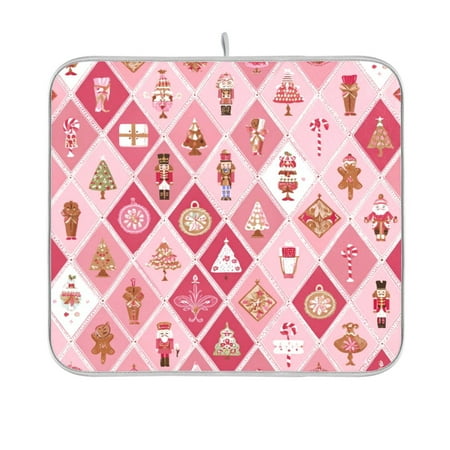 Dish Drying Mat Microfiber Kitchen Pad Large Counter Absorbent Dish Mats Drainer Rack 16 x18 Pink and White Christmas Motifs