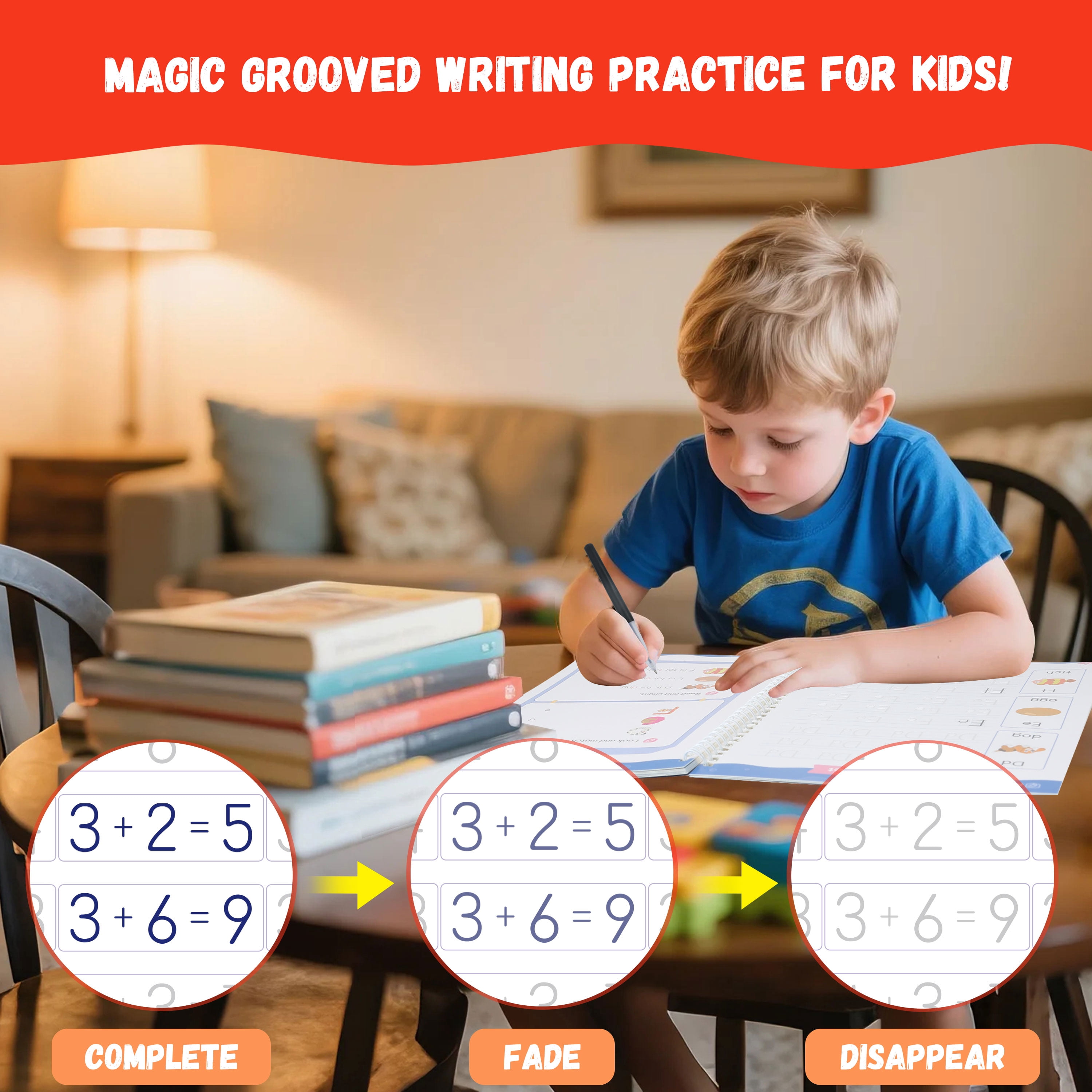 Magic Grooved Writing Practice for Kids Ages 3-8, Reusable Grooved Handwriting Workbooks，Large-Scale Writing Workbook, Kindergarten Workbook, 10.24 x 7.29 inches (7 Books + Pens)