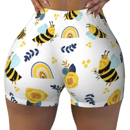 Workout Shorts Women  Bees And Rainbows Biker Shorts for Women Running Gym Spandex Shorts Tummy Control