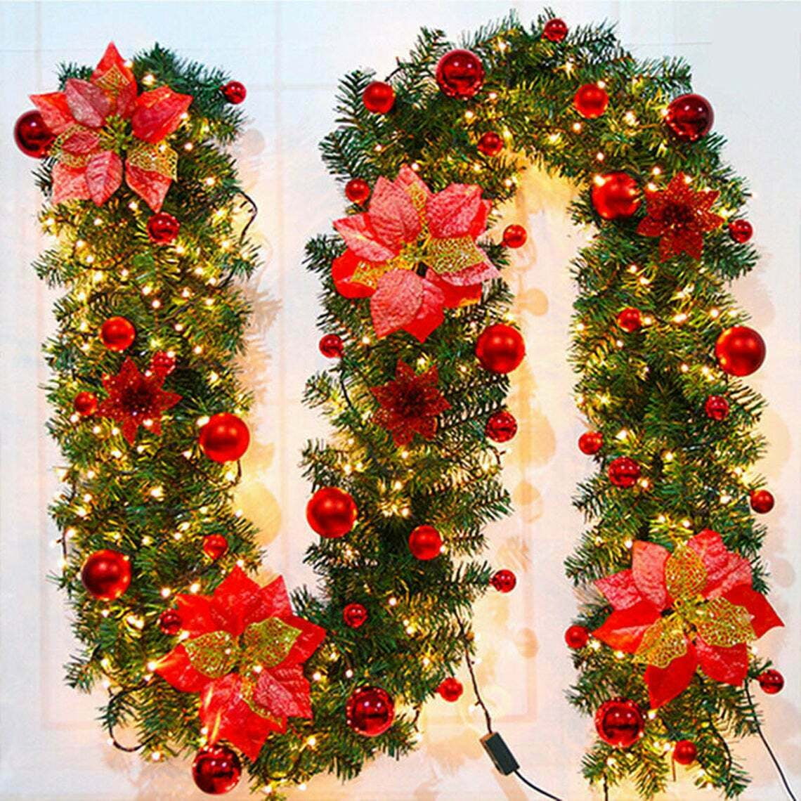 9FT/2.7M Christmas Garland w/Luxury Light Up LED Tree Fireplace DIY Decor Wreath 
