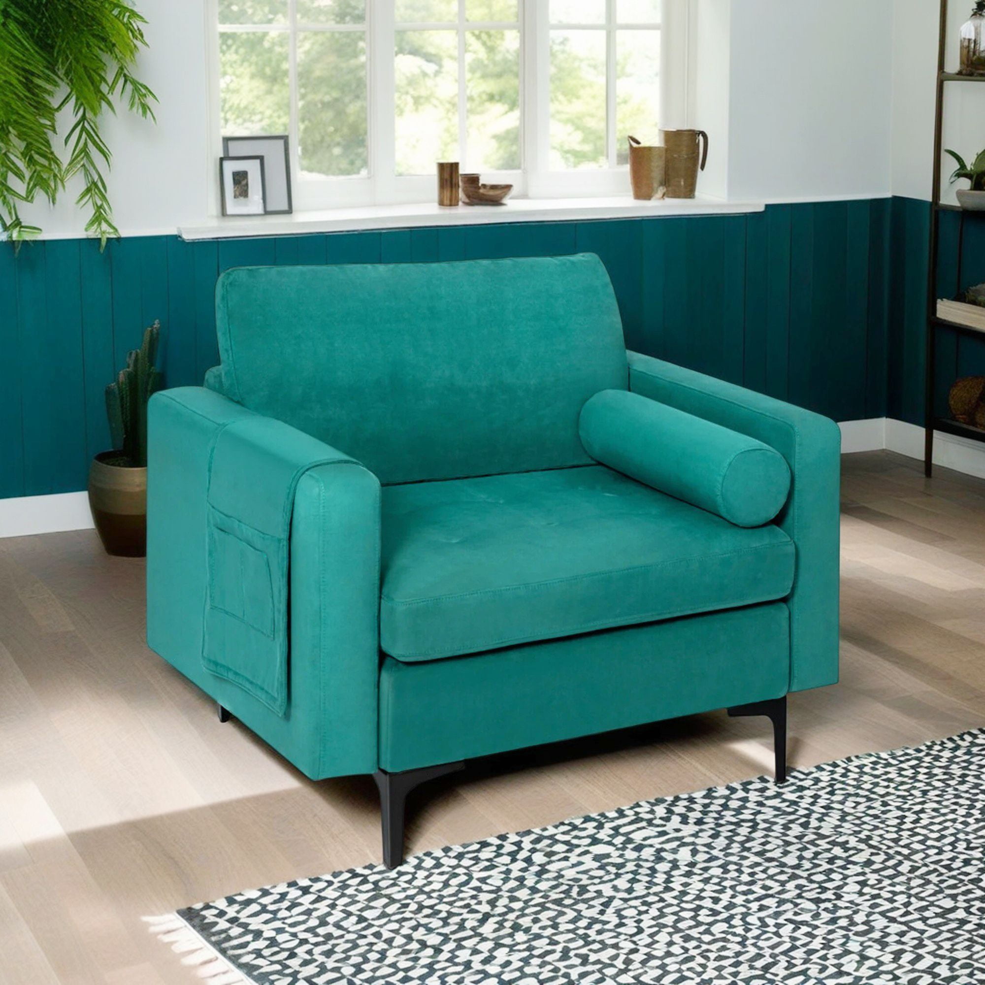 Demi Bonn Upholstered Accent Chair, Modern Accent Chair with Bolster and Side Storage Pocket, for Living Room, Bedroom, Teal
