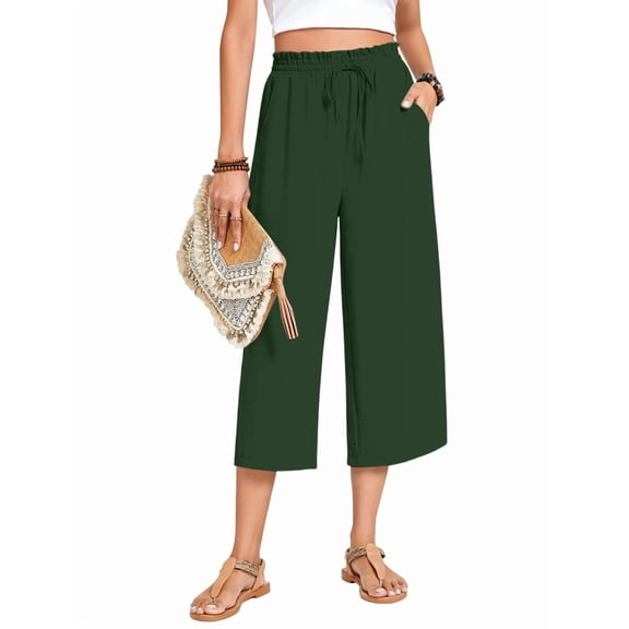 Women'S Cropped Pants Drawstring Casual with Pockets Loose High Waisted Wide Leg Lounge Pants Army Green M