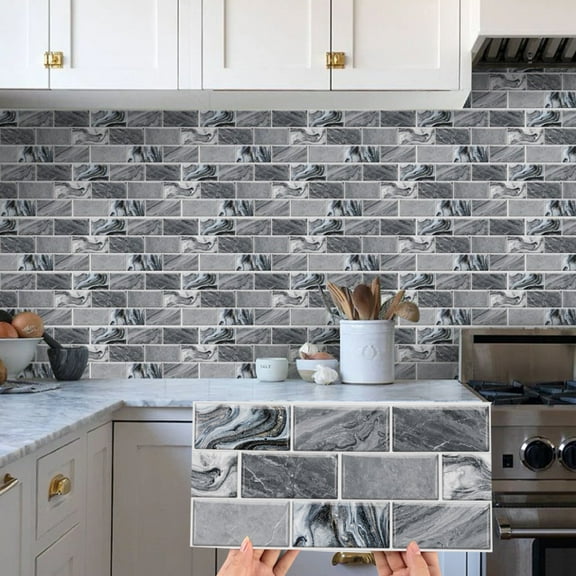 12 Piece Self Adhesive Vinyl Wall Stickers 6"x12" Blue Gray Tiles Marble Brick Mosaic Decor Waterproof Peel and Stick Decals Kitchen Bathroom