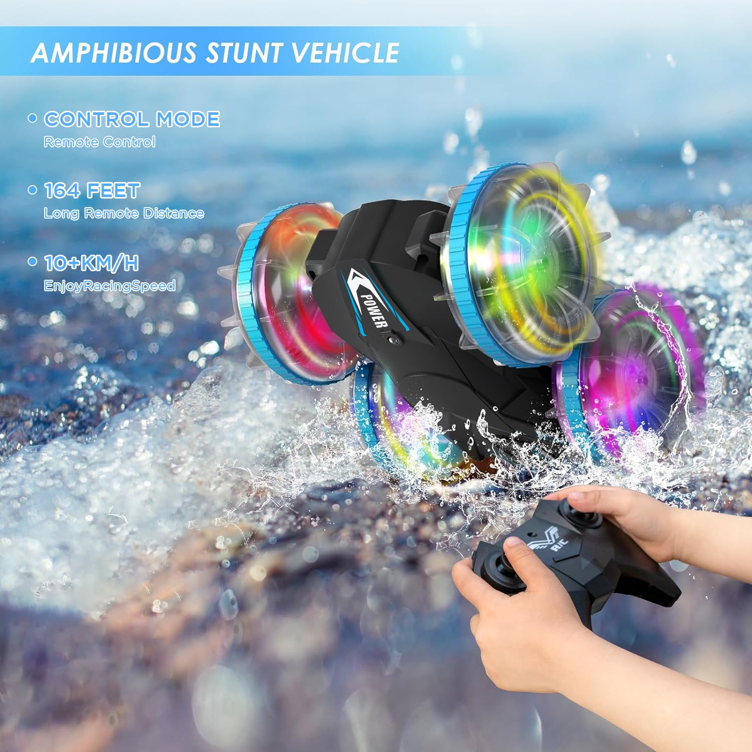 Remote Control Car, Amphibious 4WD RC Stunt Car, Waterproof RC Car 360° Flips Rotation 2.4GHz All Terrain RC Stunt Car with Lights for Boys Girls