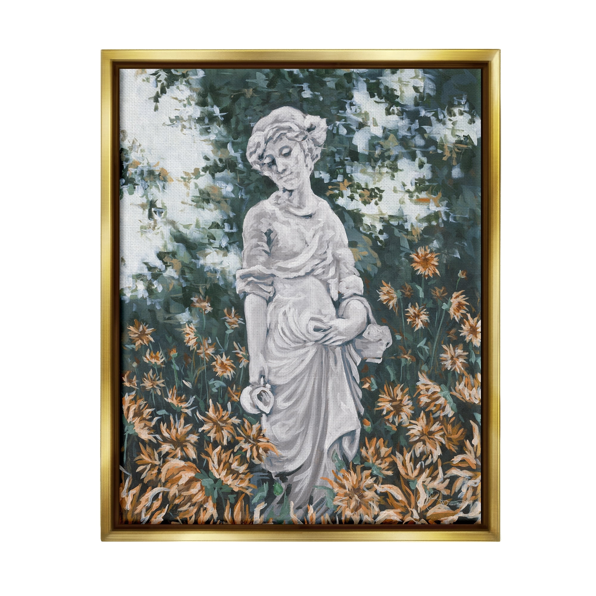 Stupell Industries Graceful Garden Woman Statue Surrounded Flower Blossoms Painting Metallic Gold Floating Framed Canvas Print Wall Art, Design by Hollihocks Art