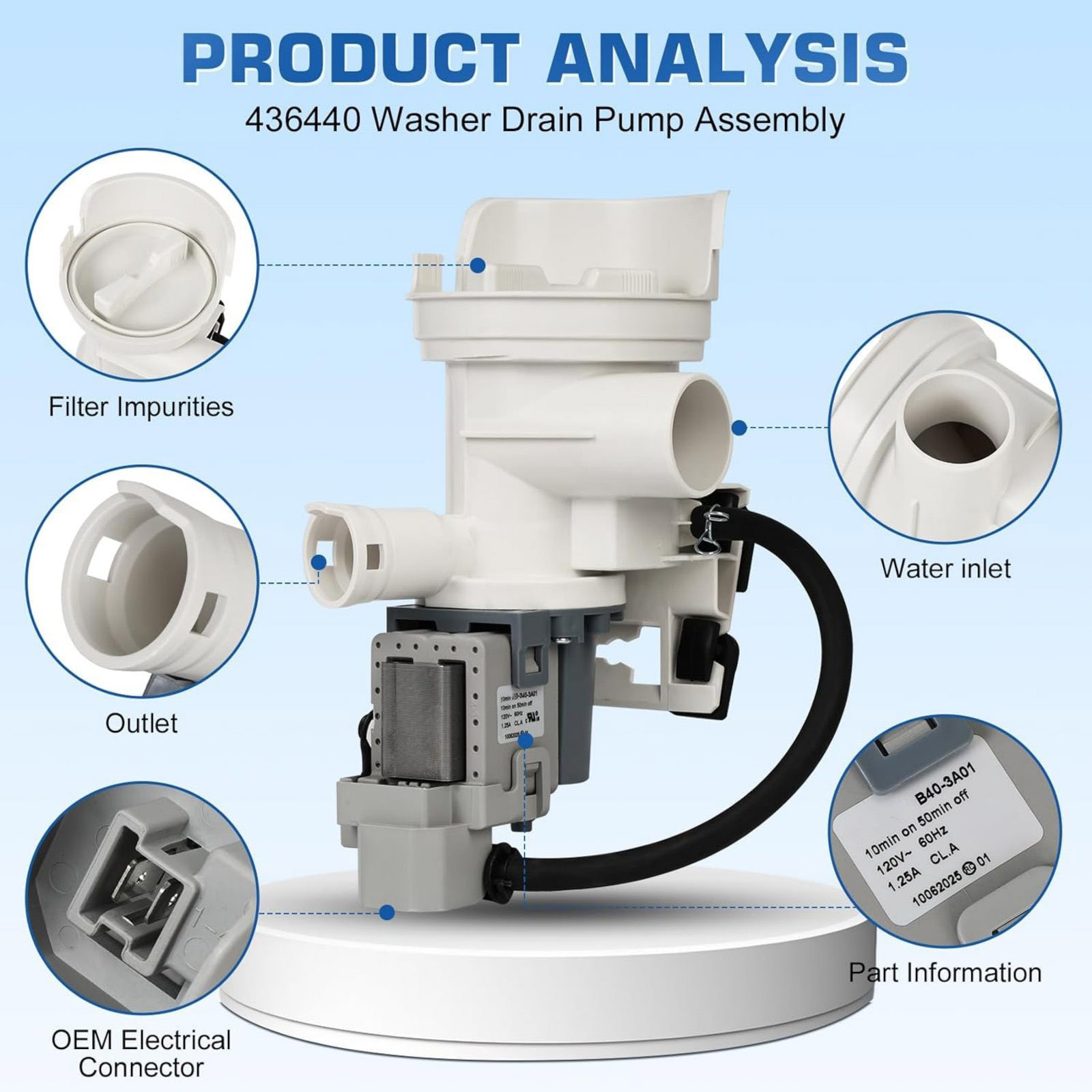 CSYANXING Plastic Rubber Washing Machine Water Pump for Whirlpool Kenmore Maytag 120V 60HZ Tested Replacement 00436440