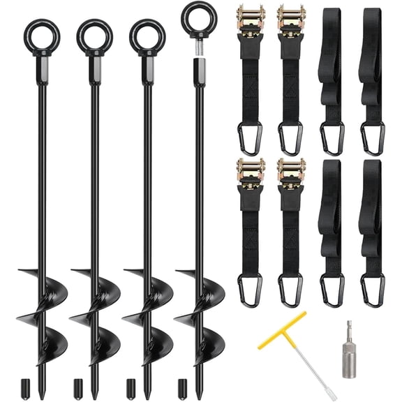 TooTaci 18" Trampoline Anchors Screw in, Ground Anchors Stakes with 4 Ratchet Straps Against High Winds for Outdoor Tent, Shed, Carport , Swing Set