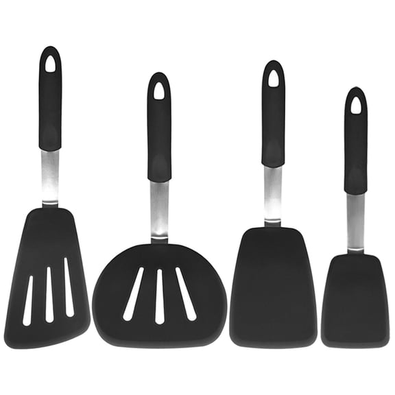 4-Piece Silicone Spatula Set for Nonstick Cookware, Food Grade, Heat Resistant 600°F, Stainless Steel Core, Flexible Turner, Dishwasher Safe, Black