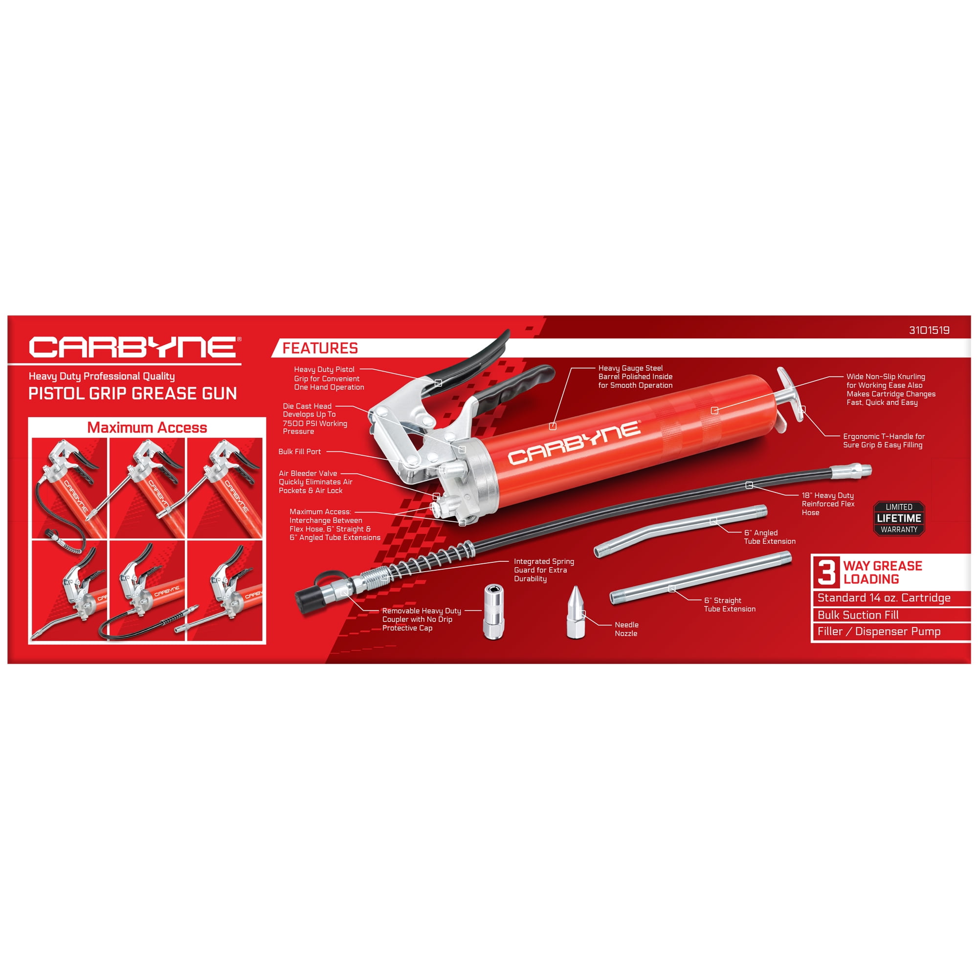 Carbyne Grease Gun, Pistol Grip, 7500 Psi, Steel Barrel, 3-Way Loading, 18 in. Hose, Straight and Angled Tubes, Needle Nozzle, Coupler