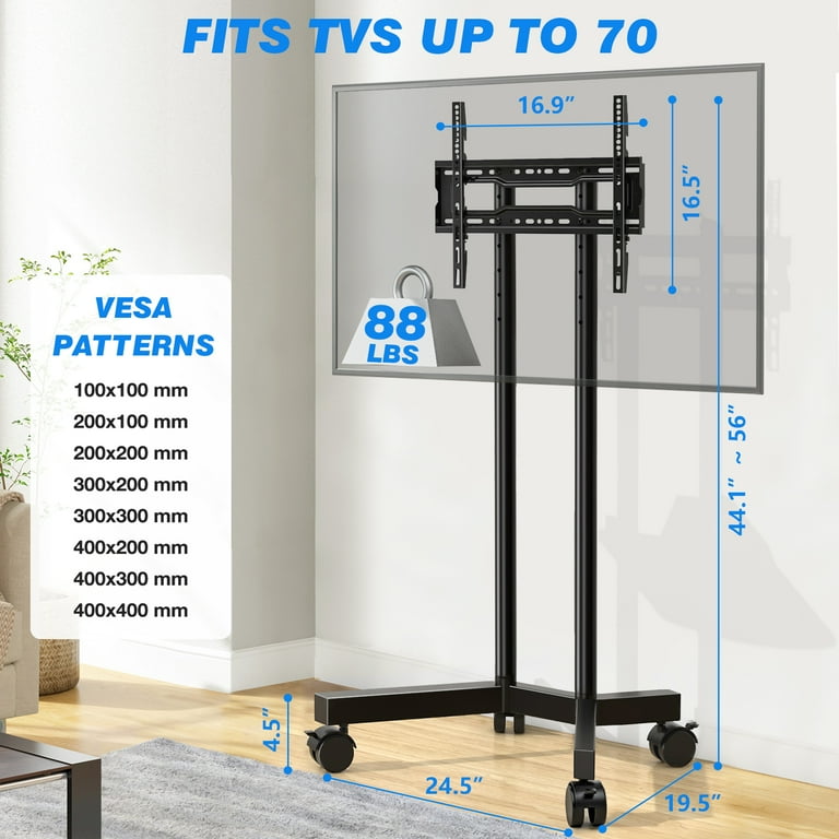 RTVR Mobile TV Stand, Metal Black, Supports 32 to 70 Inch TVs