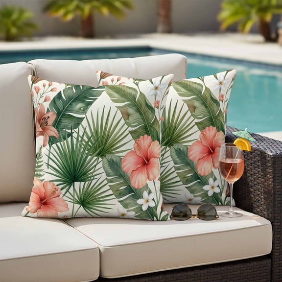Summer Tropical Plants Outdoor Pillow Covers 24x24 Inch Throw Pillow Covers Set of 2 Waterproof Decorative Pillow Cases Watercolor Flowers Green Leaves Cushion Covers for Patio Furniture Garden Couch