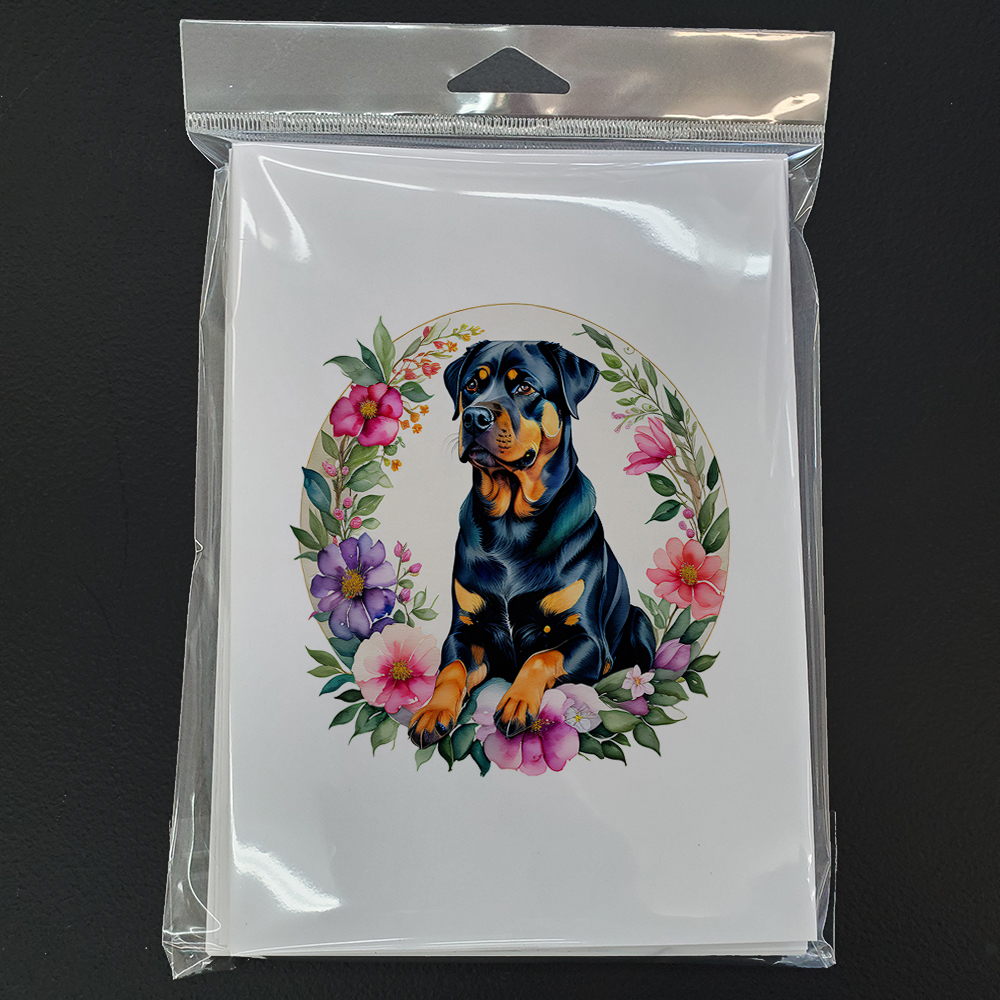 Rottweiler and Flowers Greeting Cards and Envelopes Pack of 8 7 in x 5 in