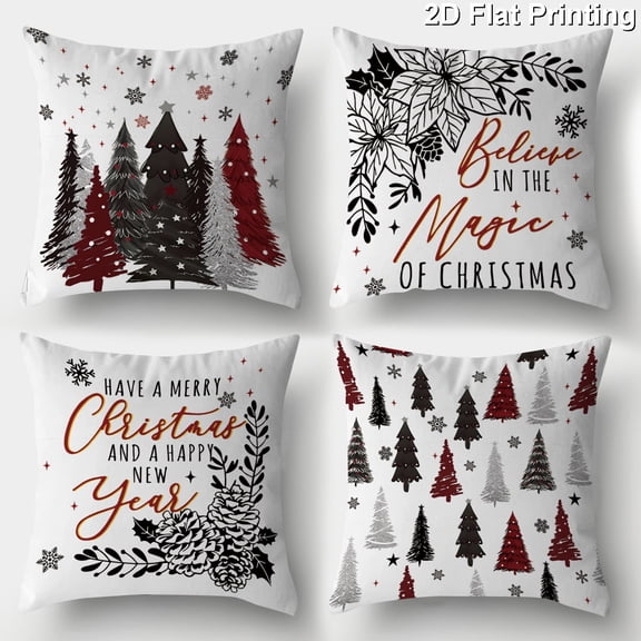 QISIWOLE White Christmas Trees Printing Throw Pillow Covers Set of 4, 18 x 18 Inch Christmas Winter Holiday Cushion Case Decoration for Sofa Couch