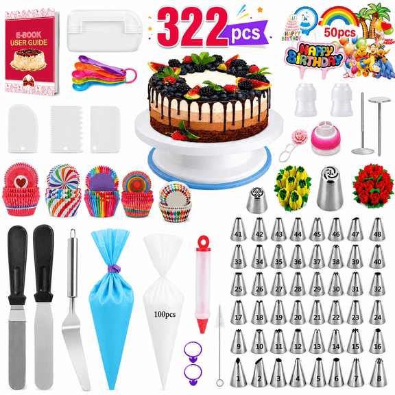 NATPLUS 322-Piece Cake Decorating Kit, Complete Baking Supplies Set with Rotating Turntable & Piping Tips, Professional Pastry Tools for Beginners & Cake Lovers, Cake Decorating Set