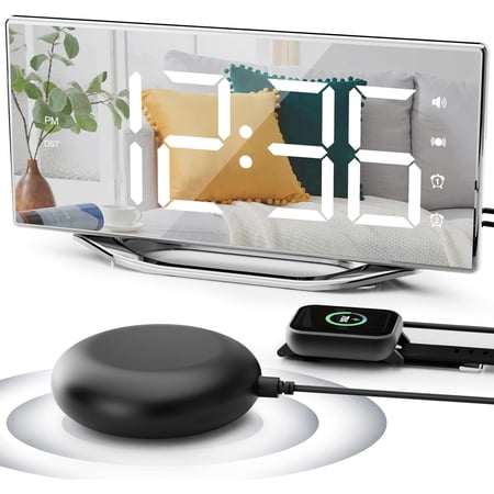 Extra‑Loud Vibrating Alarm Clock with Bed Shaker, 8 . 7 Large Mirror LED Display, Dual Alarms, USB photo Extra‑Loud Vibrating Alarm Clock with Bed Shaker, 8 . 7 Large Mirror LED Display, Dual Alarms, USB