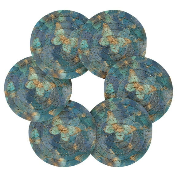 Round Placemats Set of 6 Heat Resistant Washable Kitchen Table Decorations 15.4in Gold and Teal Butterflies