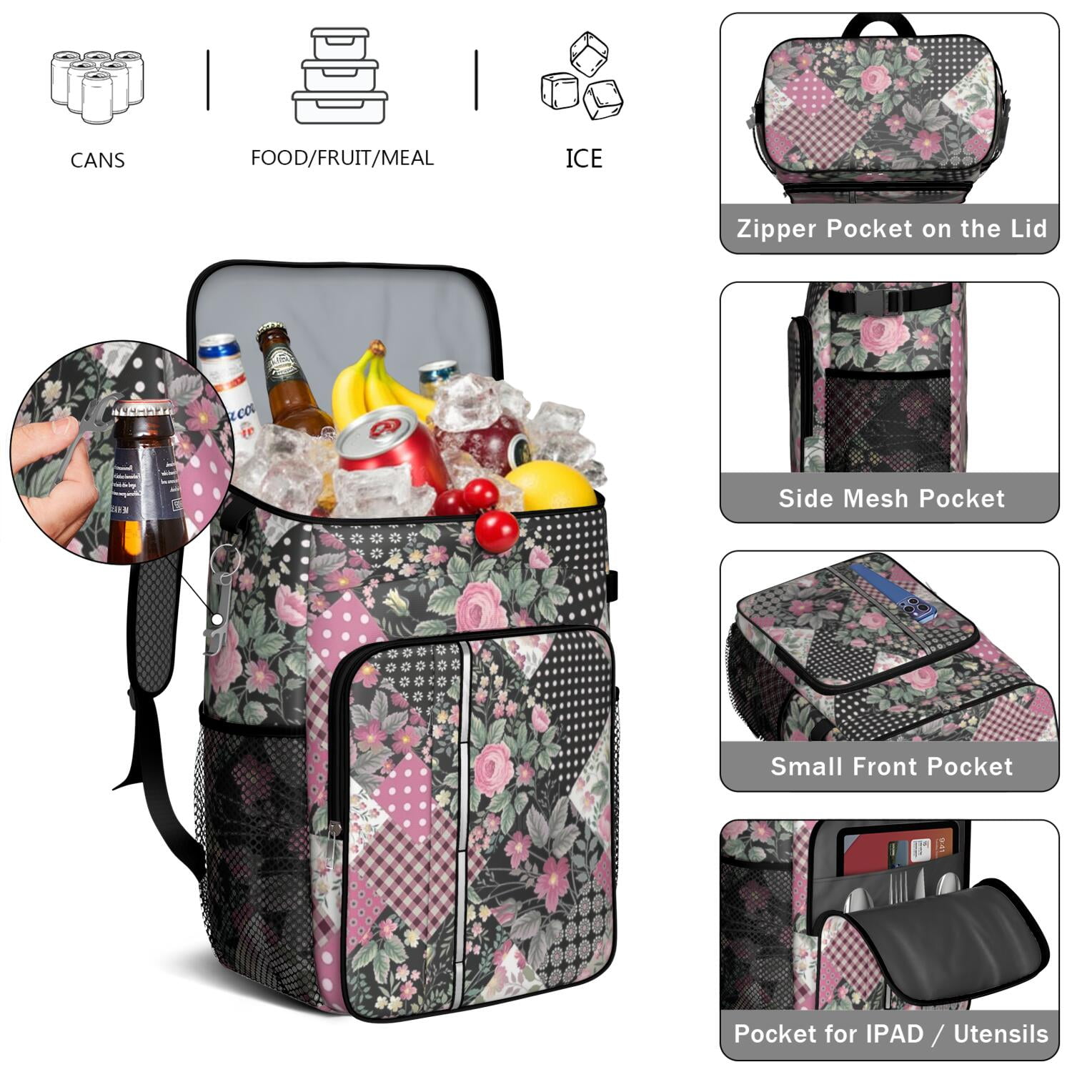 Travel Cooler Bag - Pioneer Flower Floral Print Pattern Camping Beer Cooler Backpack with Bottle Opener- Waterproof Insulated Picnic Backpacks - Cooler Bag for Beach