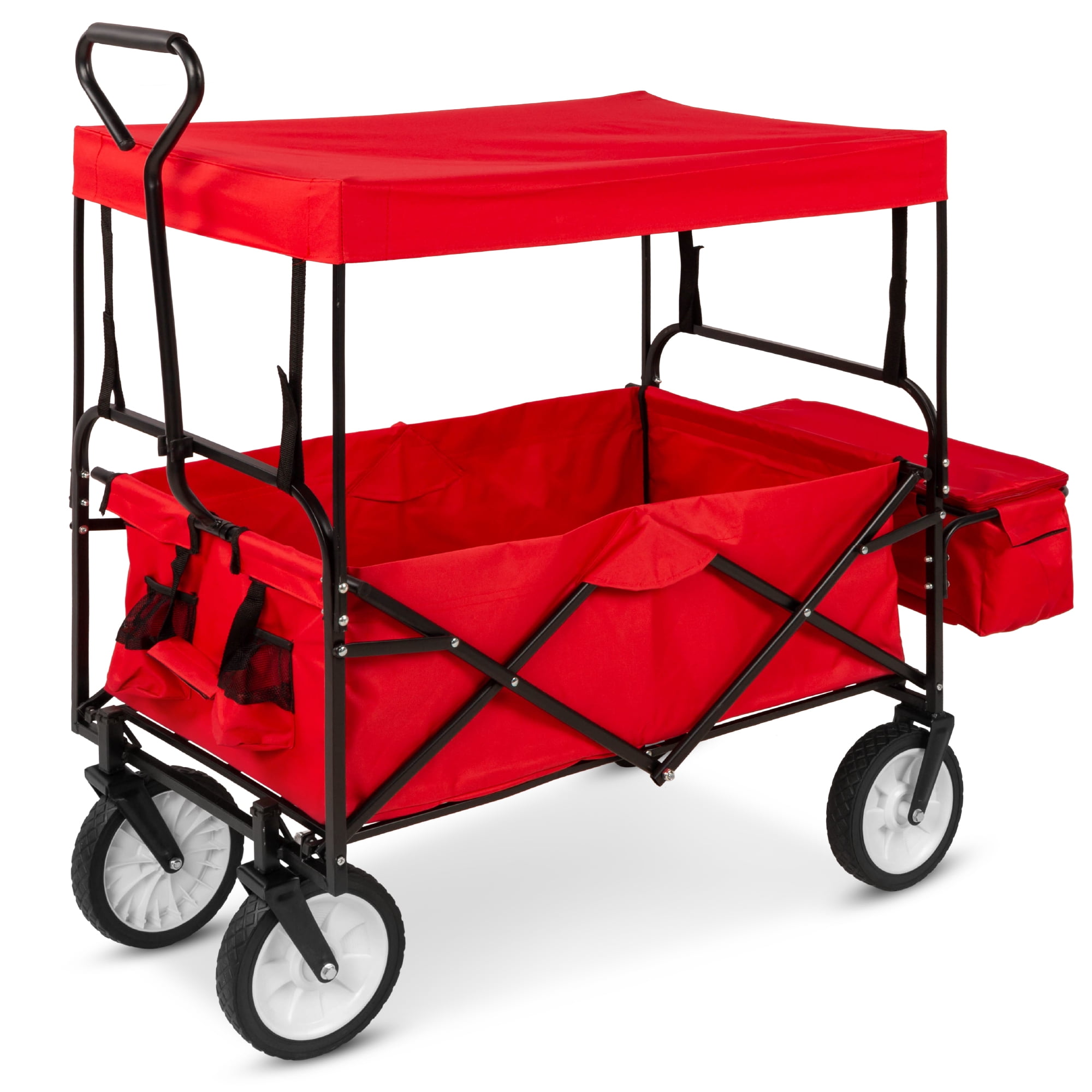 Best Choice Products Collapsible Folding Outdoor Utility Wagon with Canopy Garden Cart w/ Removable Canopy - Red