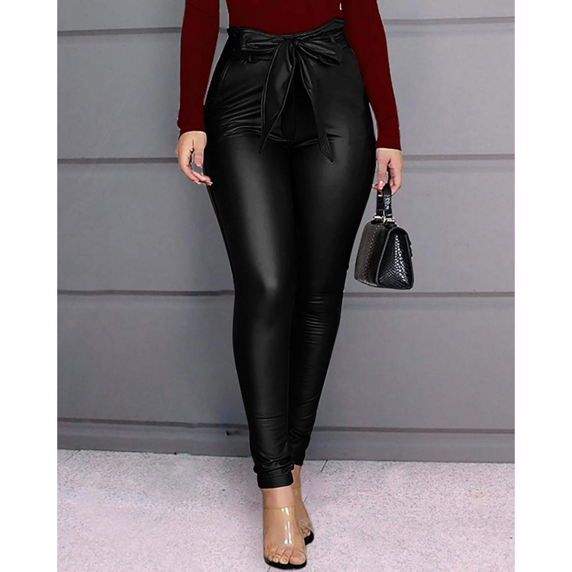 Femmes Sexy PU Pantalons en Cuir Leggings Arc Crayon Pantalon Skinny
