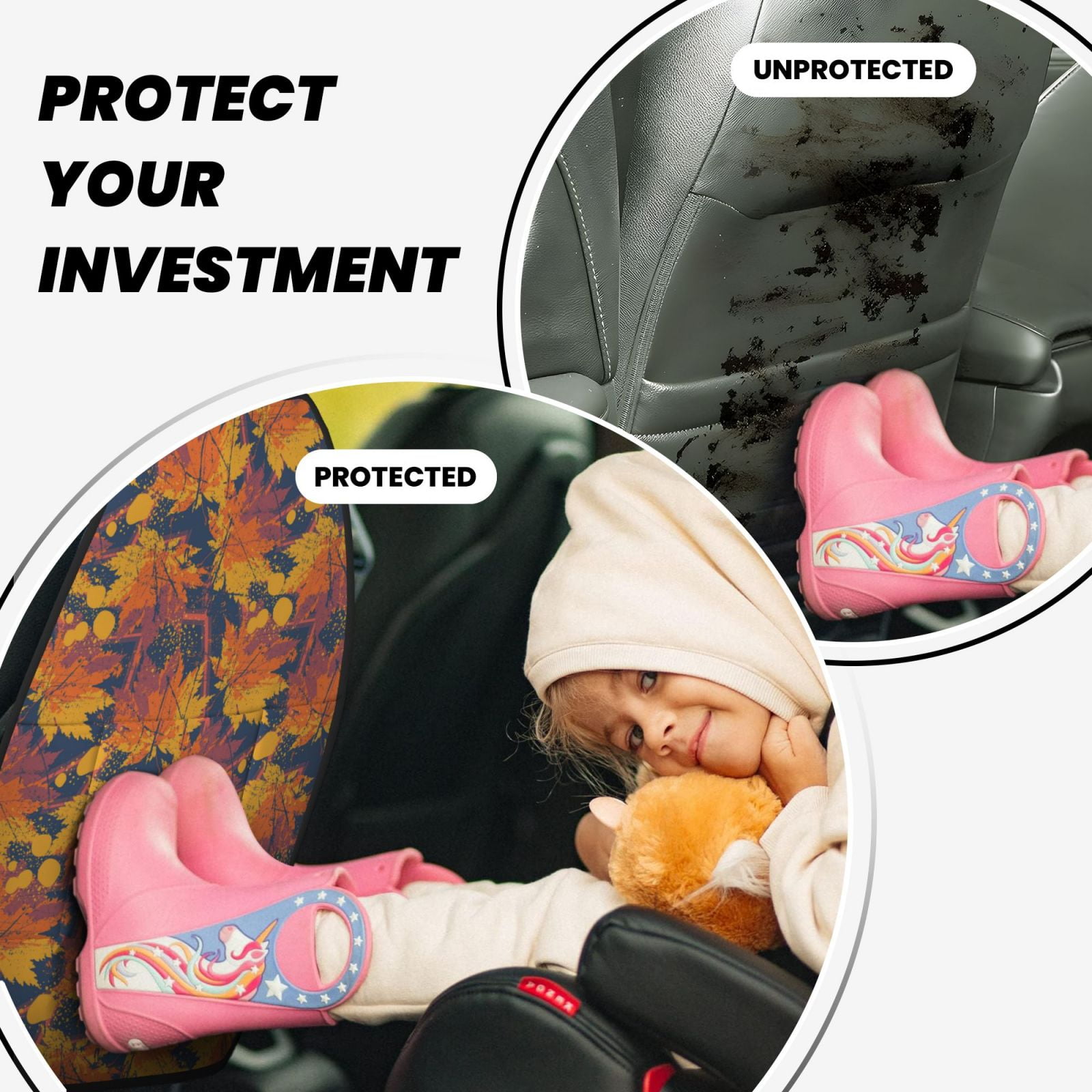Kdxio Vintage Abstract Maple Leaf Art Print 2 Pack Car Kick Mat Seat Cover Back Protector Mat with Pockets for Organizer Backseat Protector and Storage Anti Kick Pad for Vehicles