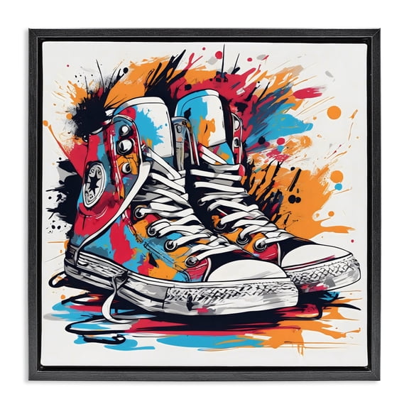 Stupell Industries Contemporary Colorful Sneakers Graffiti Splash Black Floating Frame Canvas Art, 18 x 18, by Creative Studio