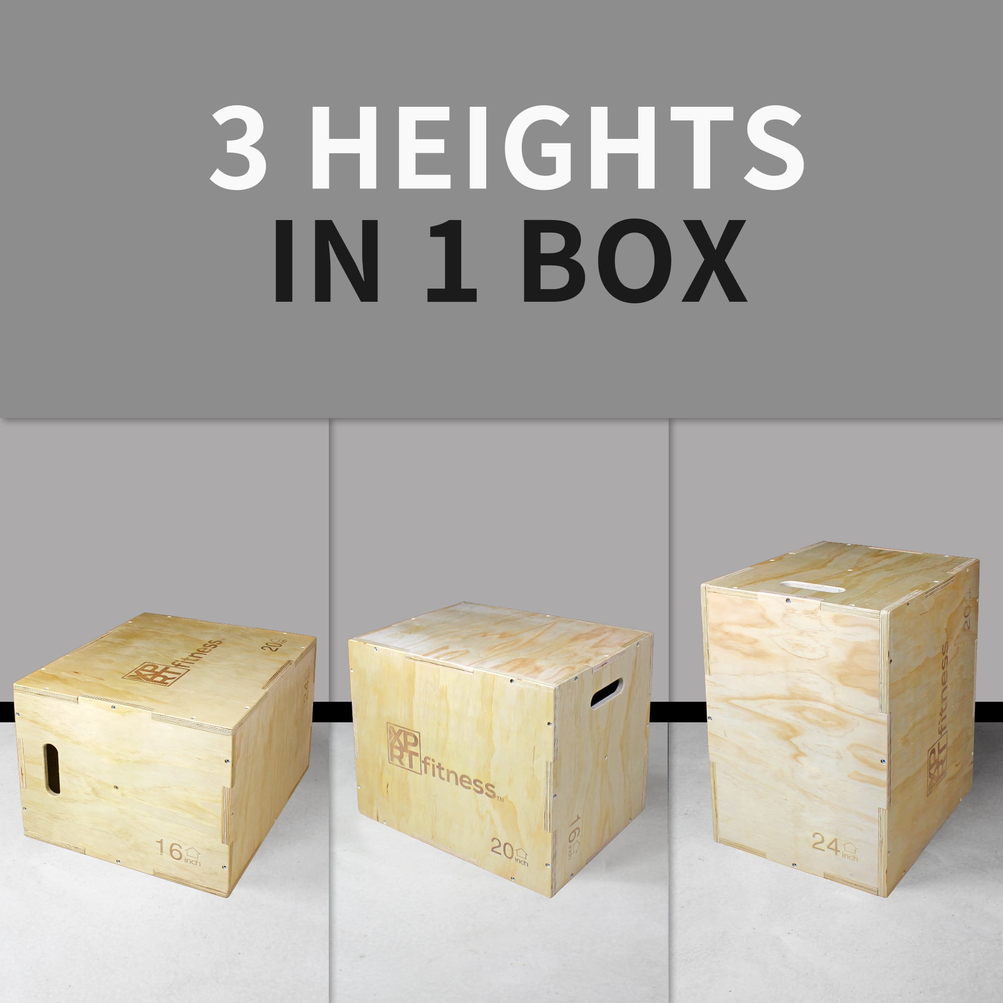 XPRT Fitness 3 in 1 Wood Plyometric Jump Box Fitness Training Conditioning Step Exercise - Size 16/18/20