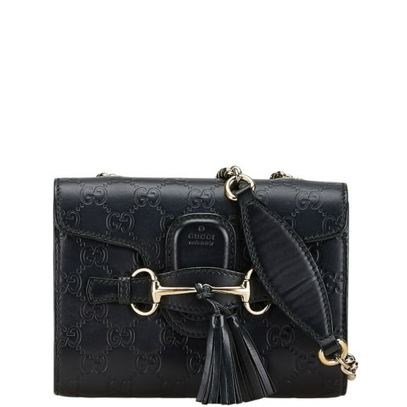 Pre-Owned Gucci Guccissima Emily Horsebit Chain Shoulder Bag 369622 Black Leather Women's GUCCI