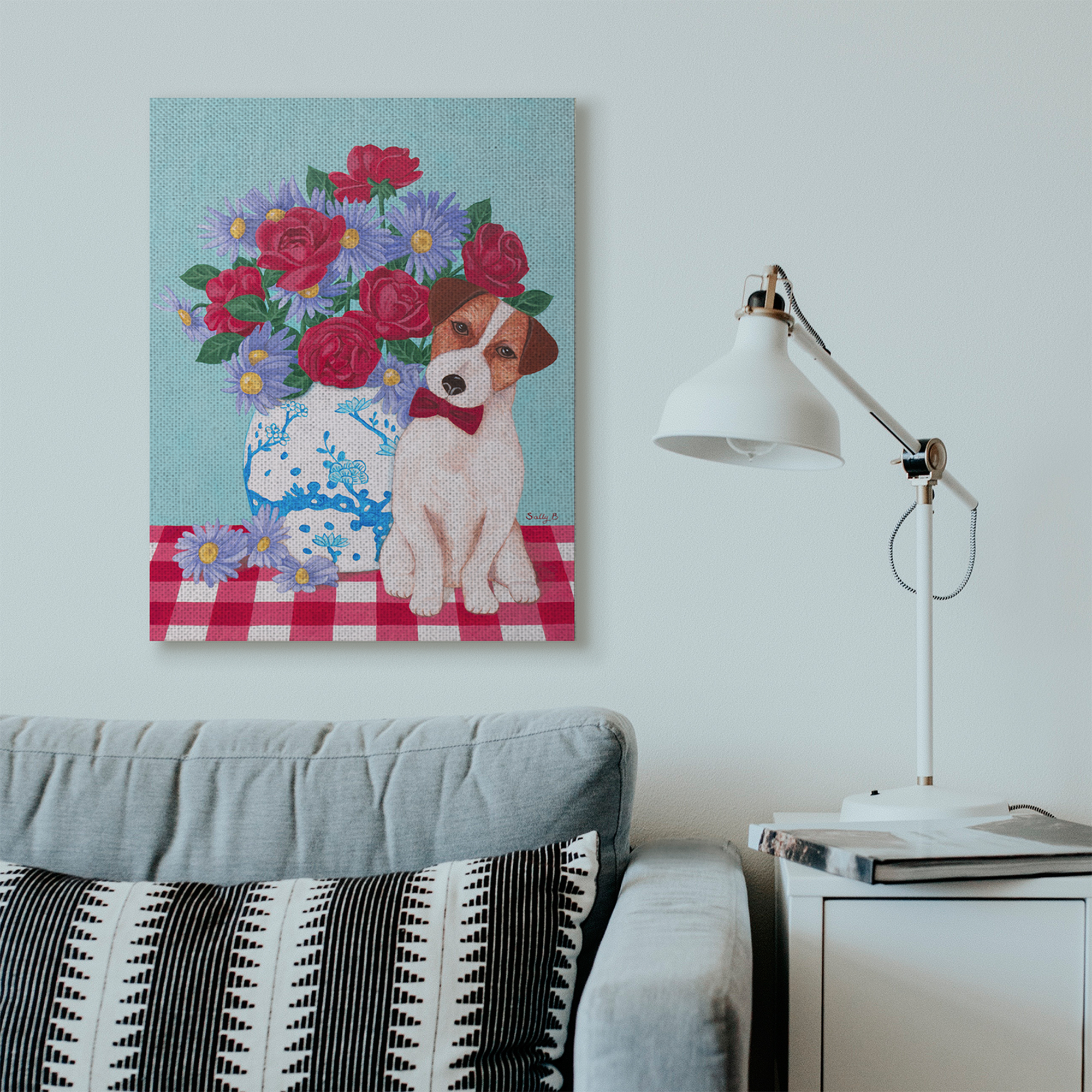 Stupell Home Décor Flower Vase with Dog Red Blue Animal Pet Painting Canvas Wall Art by Sally B