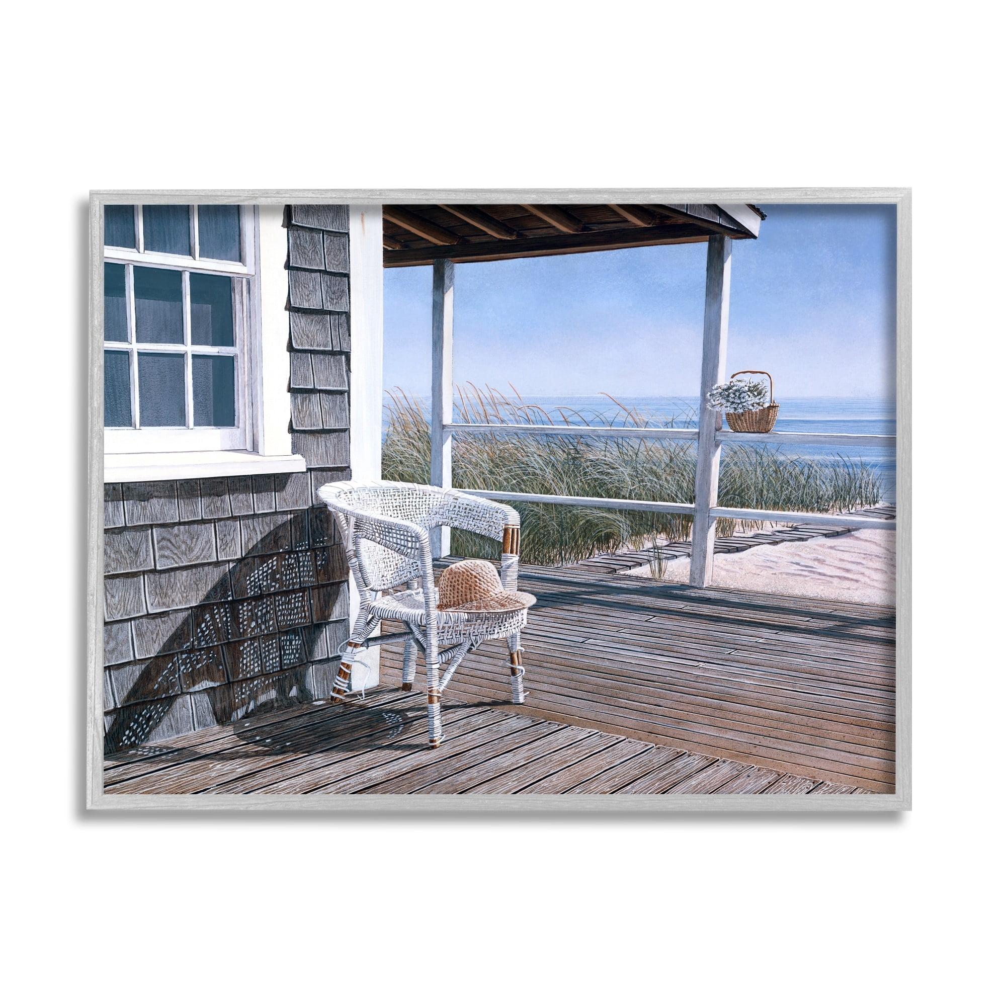 Stupell Industries Coastal Cottage Porch Chair Seaside Boardwalk Scenery Painting Gray Framed Art Print Wall Art, Design by Tom Mielko