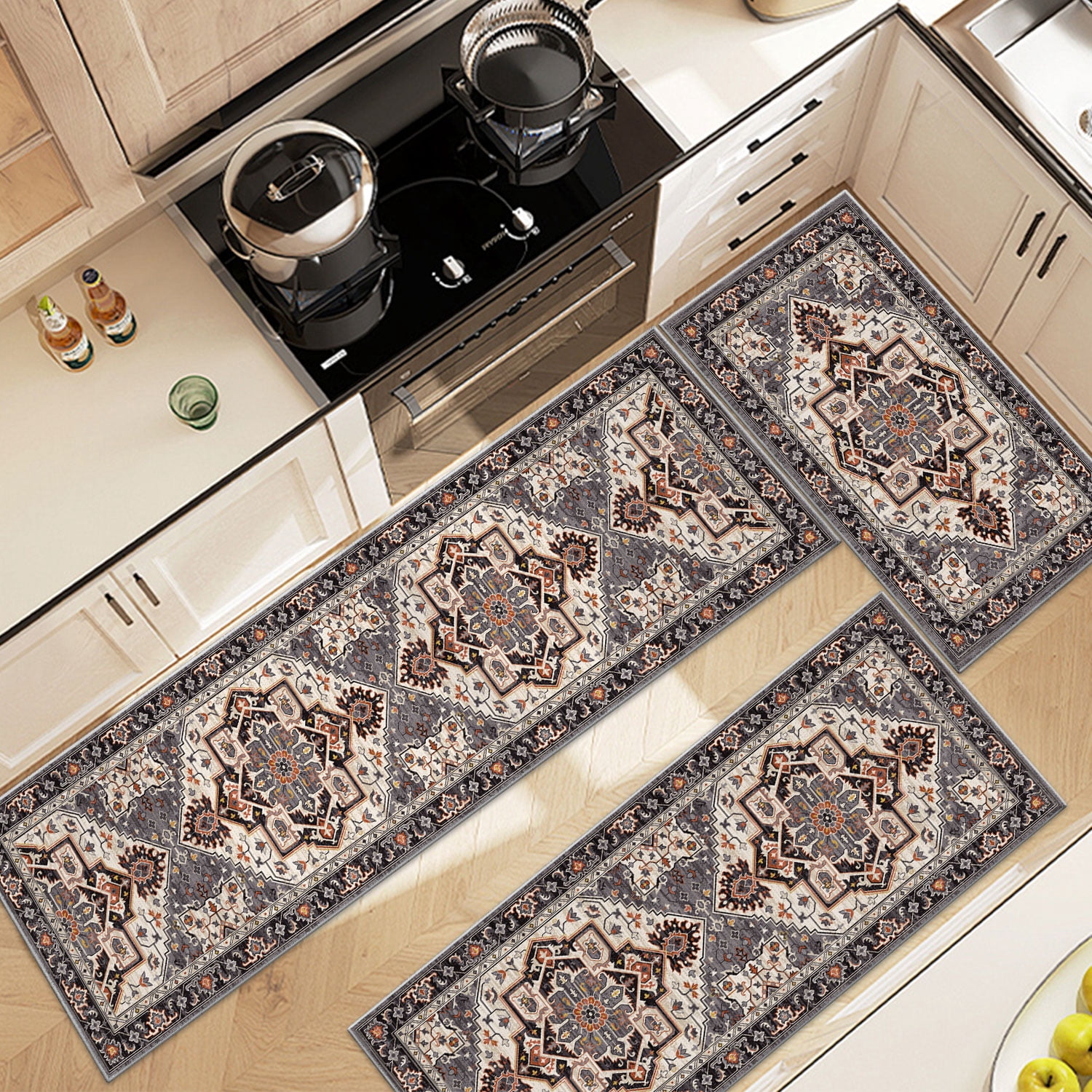 TECHVIDA Kitchen Rugs 3 Piece Set,Non Slip Machine Washable Kitchen Mats,Boho Vintage Abstract Kitchen Carpet for Farmhouse Living Room Hallway