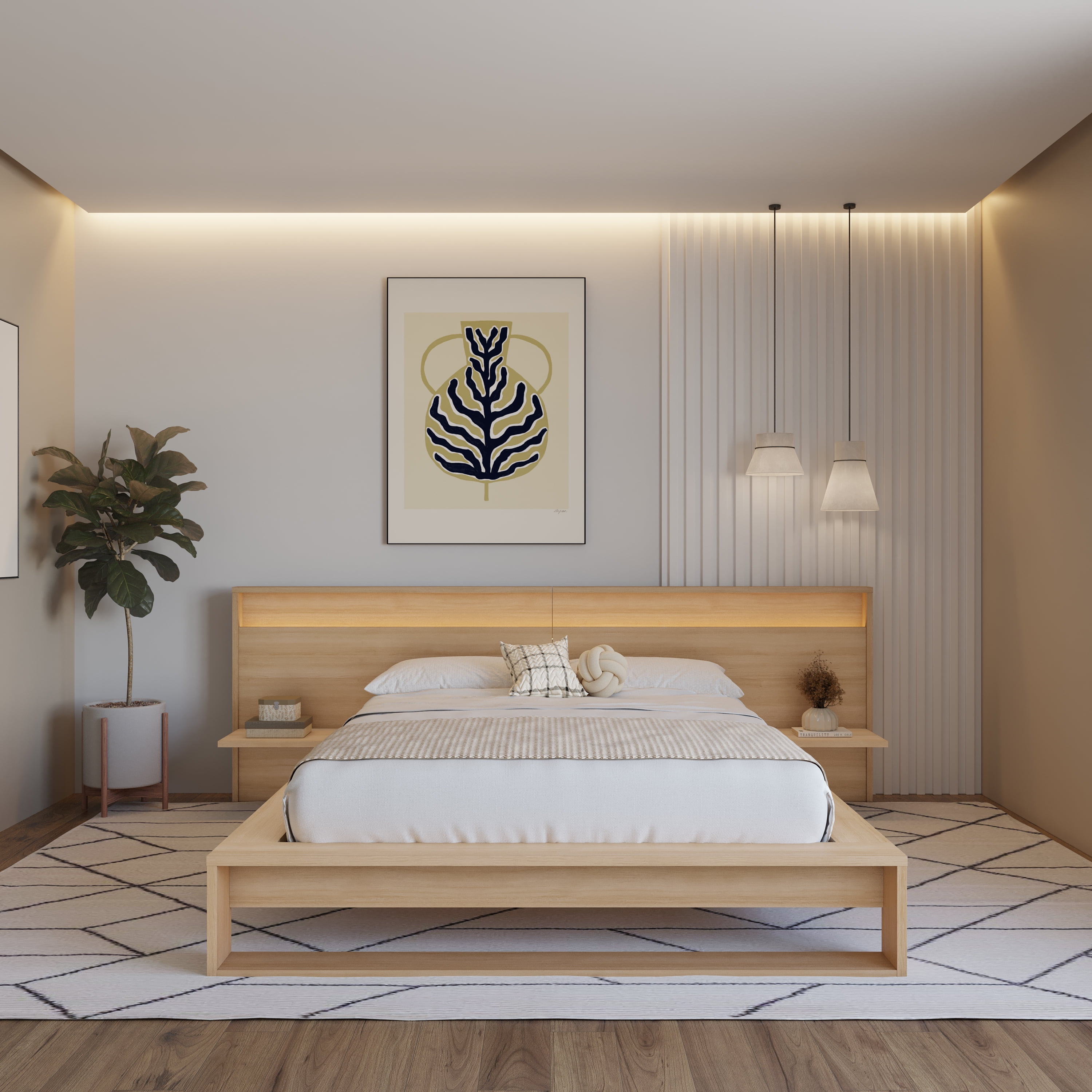 Nexera Lido Queen Size Extended Headboard with Integrated Shelves and Lighting, Natural Blonde Oak