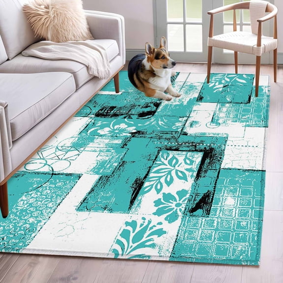 Rectangle Area Rugs 2.7 x 5 Ft, Turquoise Pink Non-Slip Residential Carpet, Modern Abstract Art Botanical Indoor Crawling Mats Runner Rugs for Living Room/Dining Room/Bedroom