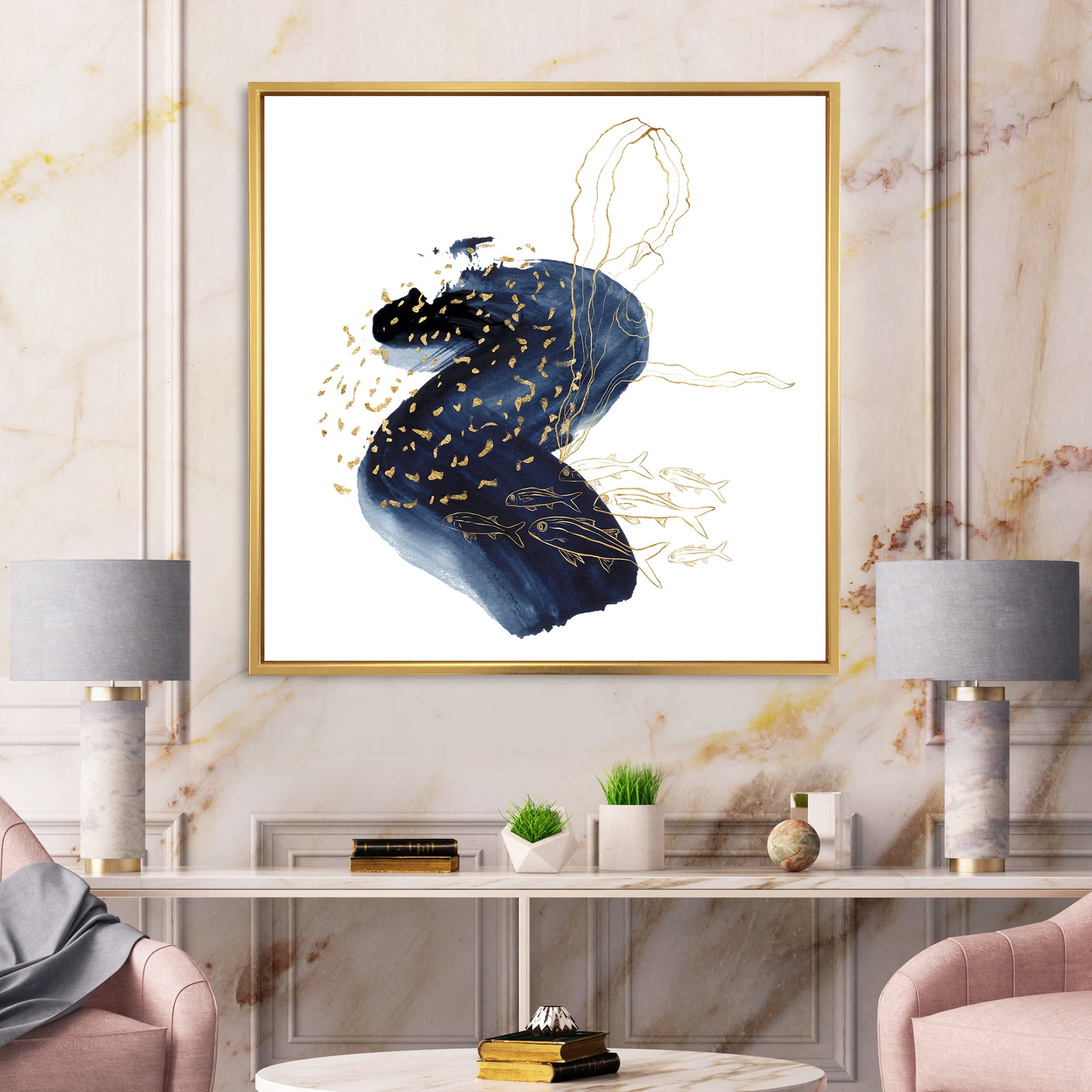 Designart 'Underwater Marine Life Classic Blue Square ' Farmhouse Framed Canvas Wall Art Print