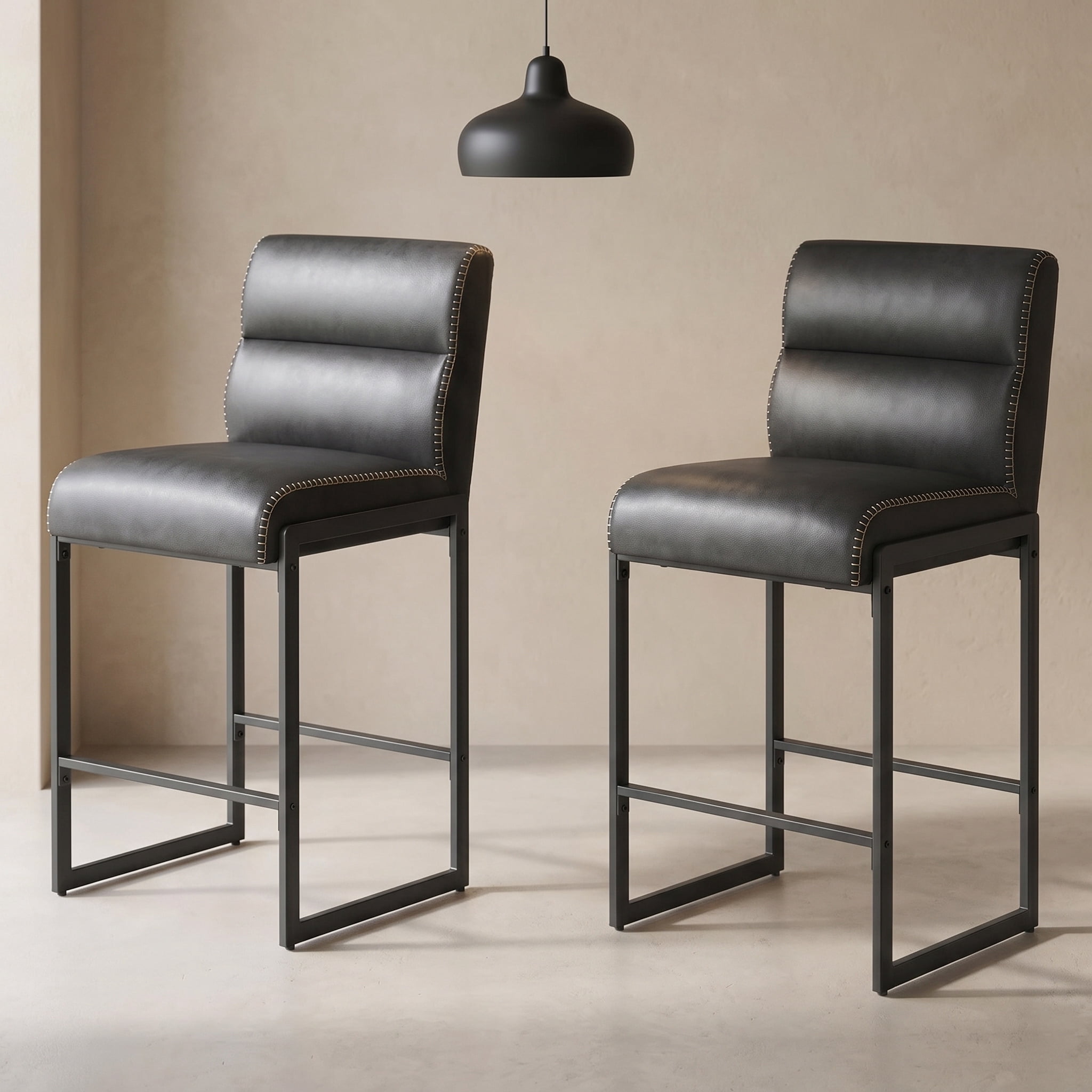 26.4 in. Ink Black Counter Height Bar Stools with Back and Synthetic Leather Stitching (Set of 2)