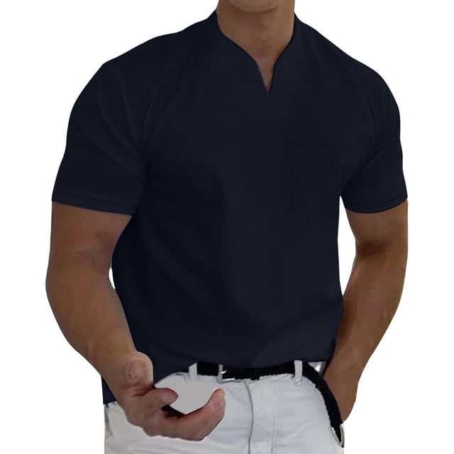 Prolriy Camisetas para hombre Primavera Verano Casual Cuello en V Sólido Manga Corta Camiseta Blusa Superior Camisas para hombre Azul 1 M