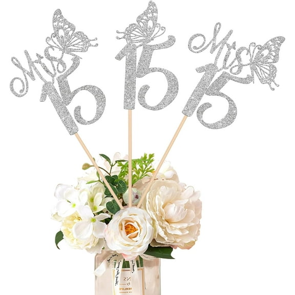 12 Pack Happy 15th Birthday Party Decorations, Mis 15 Centerpiece Sticks for Table, Hello 15 Fabulous Table Toppers, Cheers to 15 Years Old Birthday Anniversary Party Decotations Silver