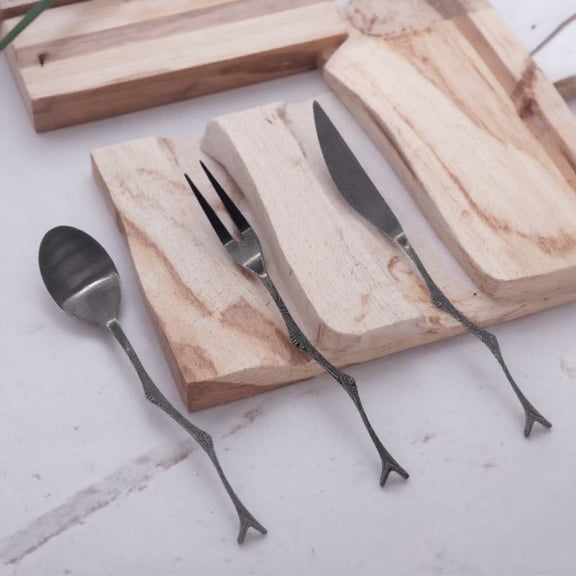 RENACLIPY Black Retro Cutlery Set Tree Branch Design Stainless Steel Spoon Fork 3Pcs